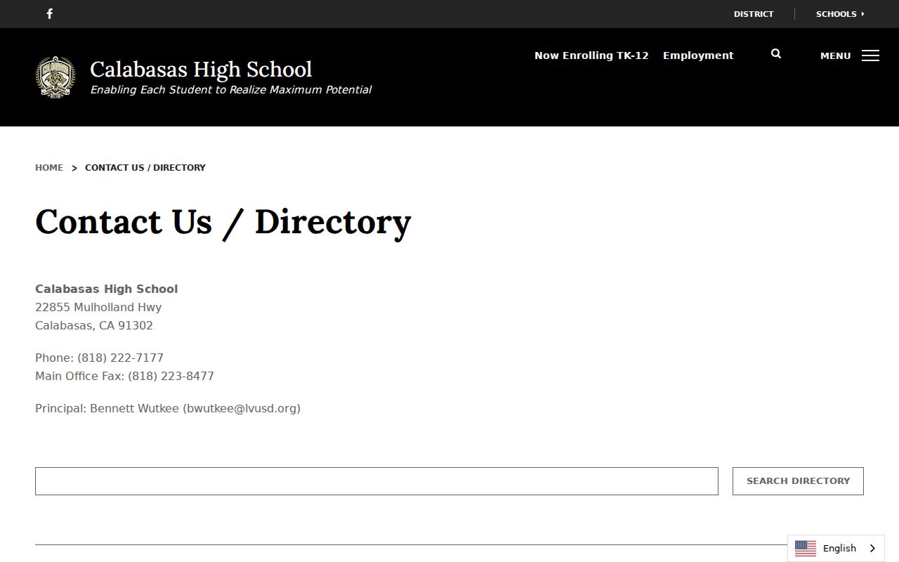 Calabasas High people directory screenshot showing a Calabasas school staff directory