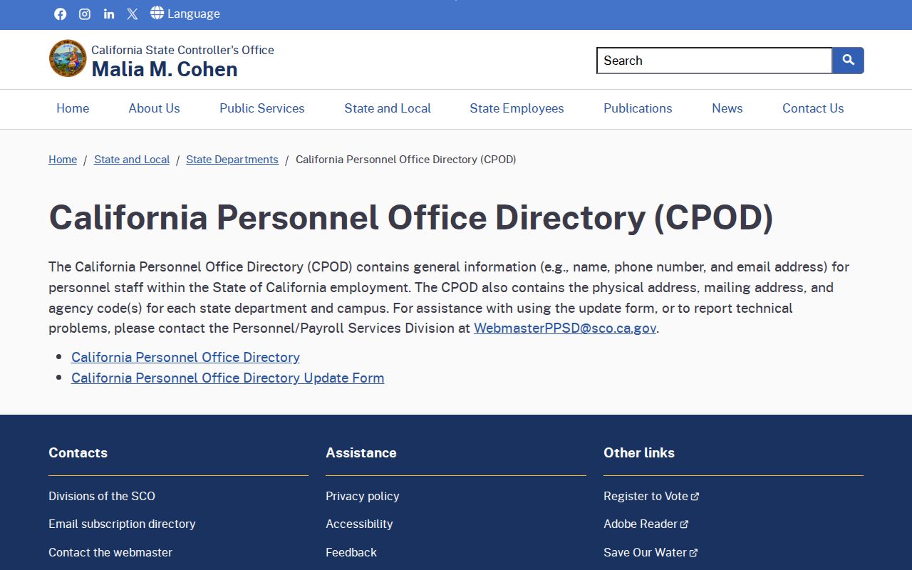 Calabasas people directory screenshot of the California State Controller personnel office directory