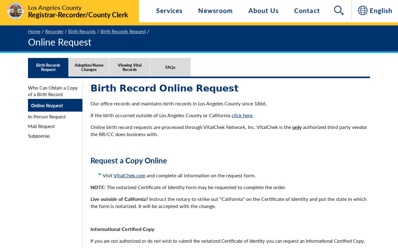 Calabasas public records LA County birth record request