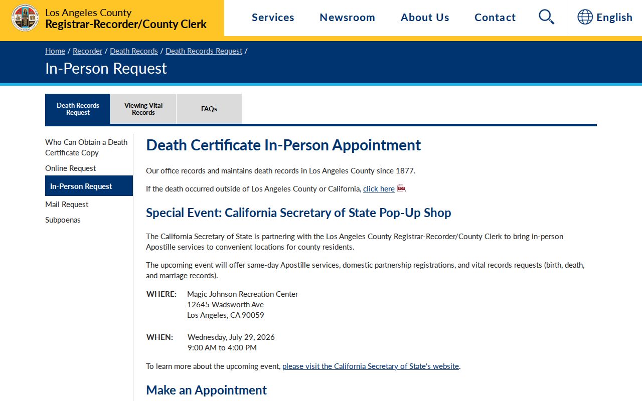 Calabasas public records LA County death record request